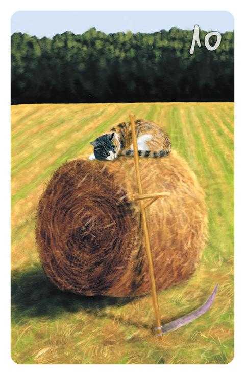 10 Die Sense im Magic Cat Lenormand. Eine dreifarbige Katze schläft auf einem Heuballen, an dem eine Sense angelehnt ist.