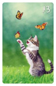 13 Das Kind im Magic Cat Lenormand. Es ist ein weiß-getigertes Babykätzchen zu sehen, das auf einer Wiese mit Schmetterlingen spielt.