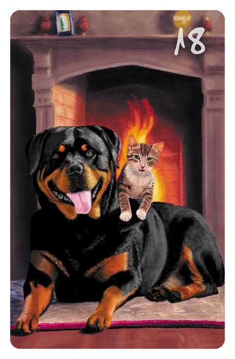 18 Der Hund im Magic Cat Lenormand. Es ist ein Rottweiler vor einem Kamin zu sehen, auf dessen Rücken ein Babykätzchen sitzt.