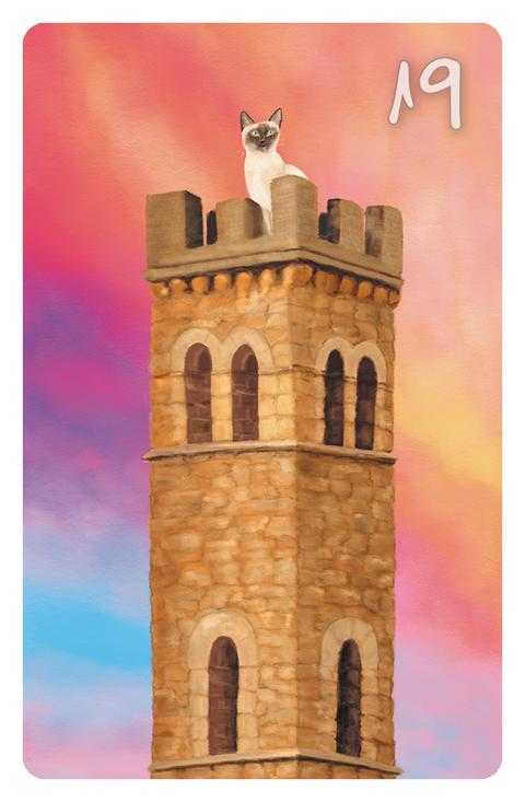 19 Der Turm im Magic Cat Lenormand. Es ist eine Siamkatze zu sehen, die von hoch oben aus einem florentinischen Turm aus herunterschaut.