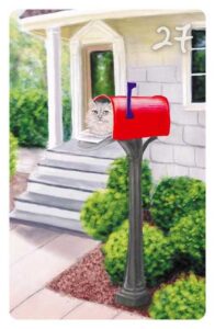 27 Der Brief im Magic Cat Lenormand. Es ist ein amerikanischer Briefkasten in rot zu sehen, indem eine weiße Perserkatze auf der Post sitzt.