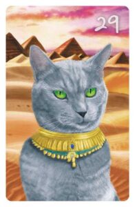 29 Die Dame im Magic Cat Lenormand. Es ist eine graue Katze mit leuchtend gründen Augen (Korat-Rasse) zu sehen, die ein goldenes Geschmeide schmückt. Im Hintergrund sind Pyramiden zu sehen.