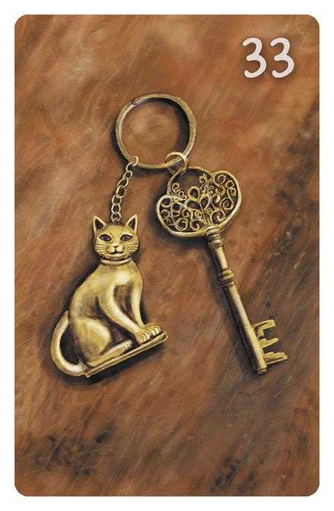 33 Der Schlüssel im Magic Cat Lenormand. Es ist ein antiker Schlüsselbund mit einem Katzenanhänger in Messing zu sehen.