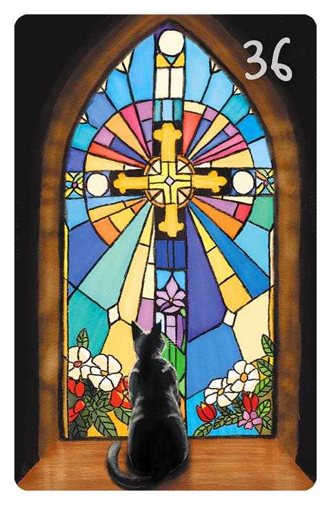 36 Das Kreuz im Magic Cat Lenormand. Es ist eine Katze vor einem Kirchenfenster zu sehen.