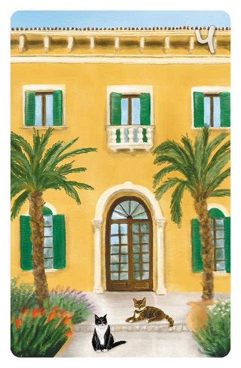 4 Das Haus im Magic Cat Lenormand. Zwei Katzen liegen vor dem Eingang einer südländischen Villa mit Palmen.